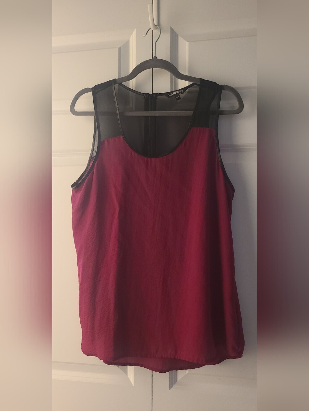 Express Burgundy Sleeveless Top with Sheer Mesh Neckline – Size Large